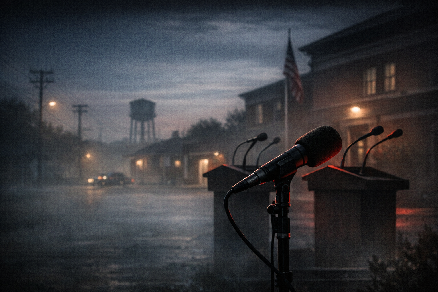Dark civic scene with local infrastructure and interview lighting